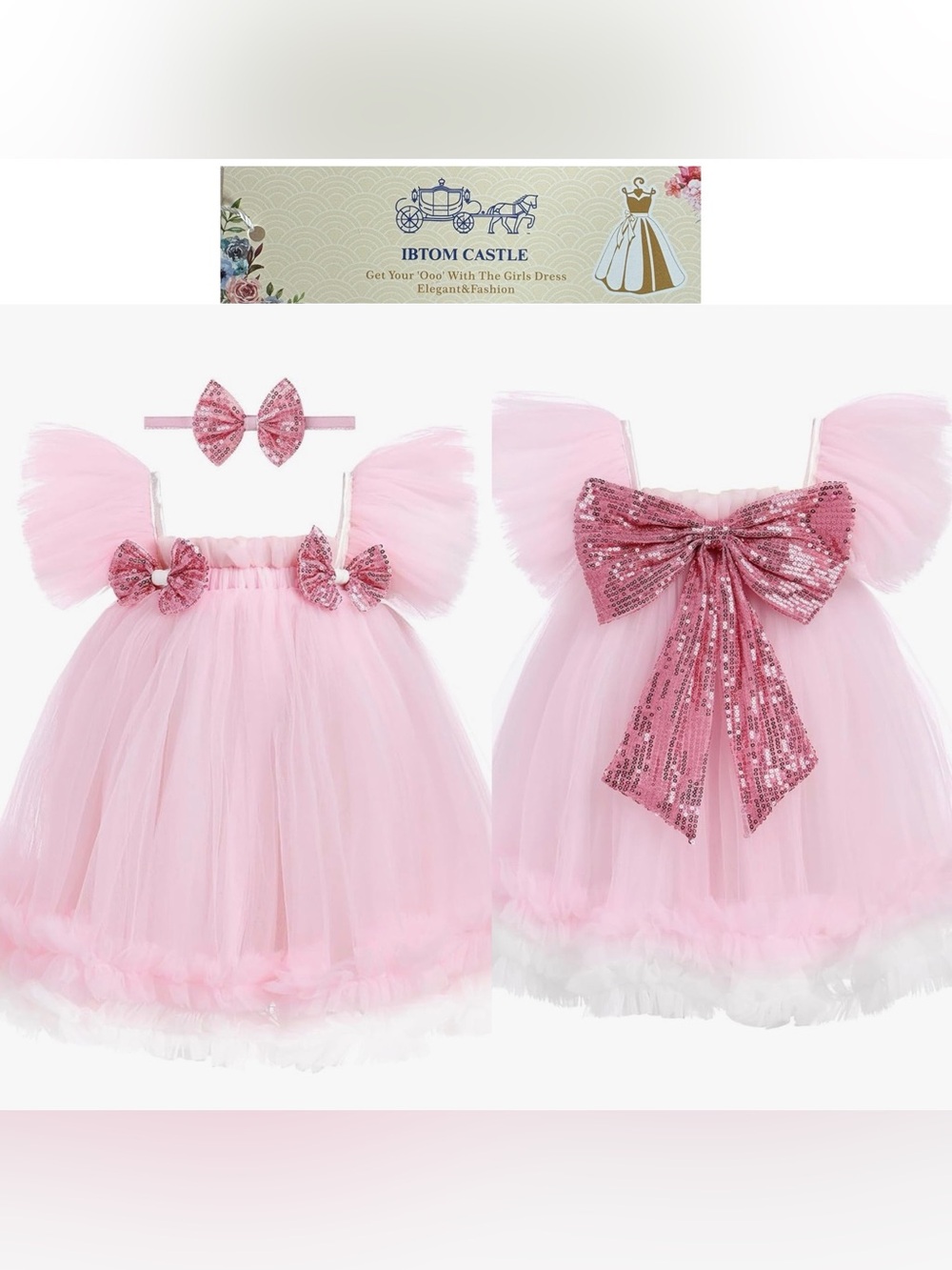 IBTOM CASTLE  Pink Sequin Bow Tulle Princess Dress Size 3-4 NWT